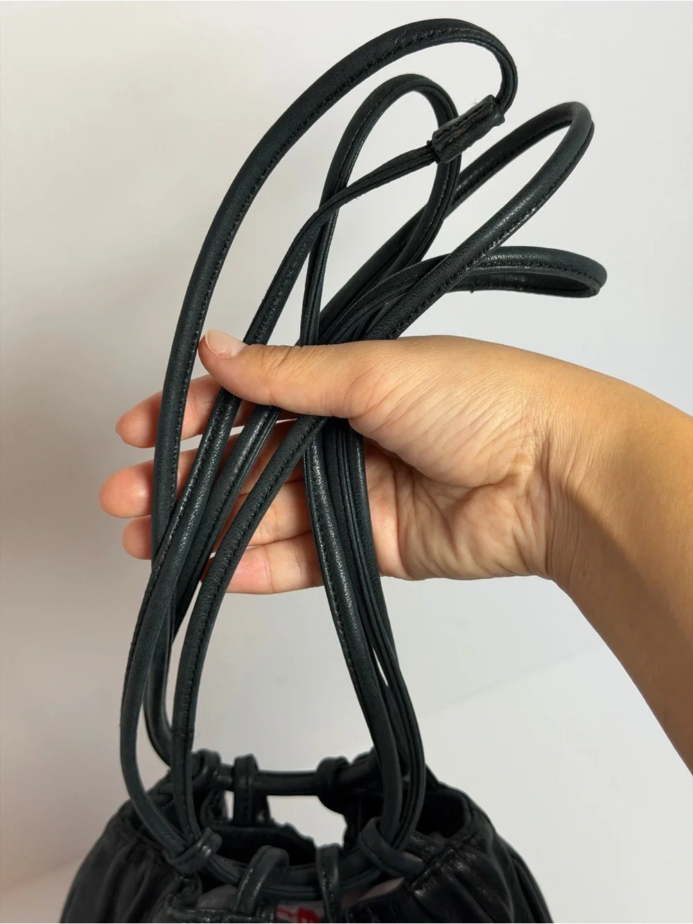 Giorgio Armani Drawstring Black Pleated Leather Bucket Bag